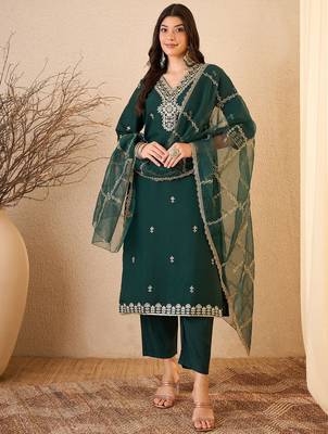 Green color smart and fancy silk blend embroidered readymade salwar kameez 1