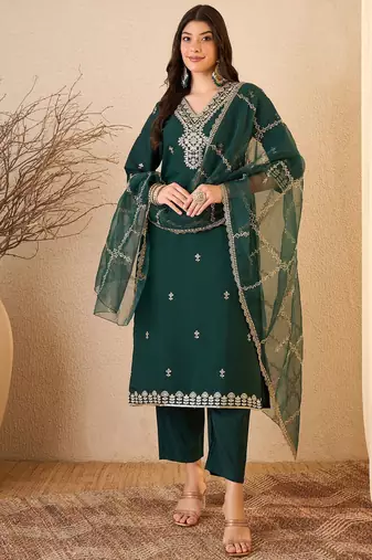 Green color smart and fancy silk blend embroidered readymade salwar kameez