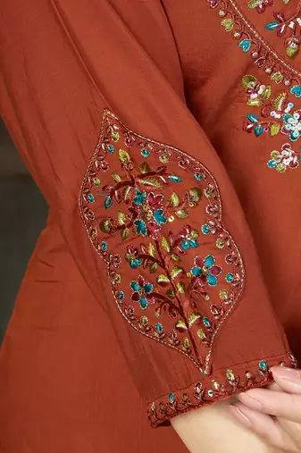 Rust color marina silk fabric thread embroidered ethnic fancy kurta set