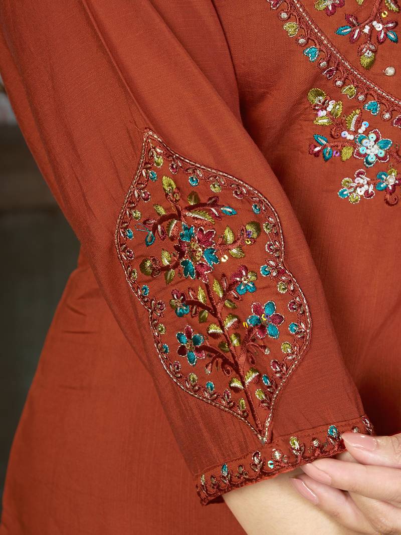 Rust color marina silk fabric thread embroidered ethnic fancy kurta set