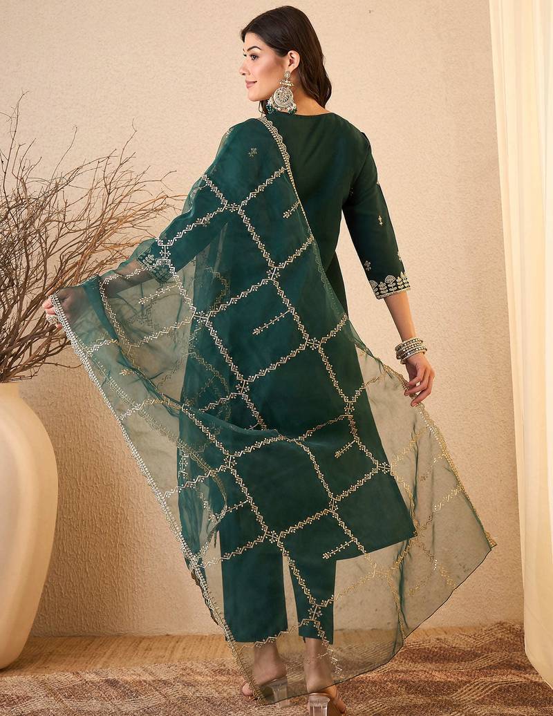 Green color smart and fancy silk blend embroidered readymade salwar kameez