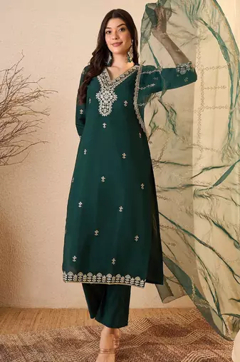 Green color smart and fancy silk blend embroidered readymade salwar kameez
