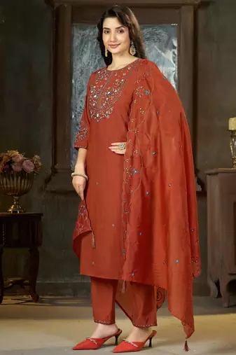 Rust color marina silk fabric thread embroidered ethnic fancy kurta set