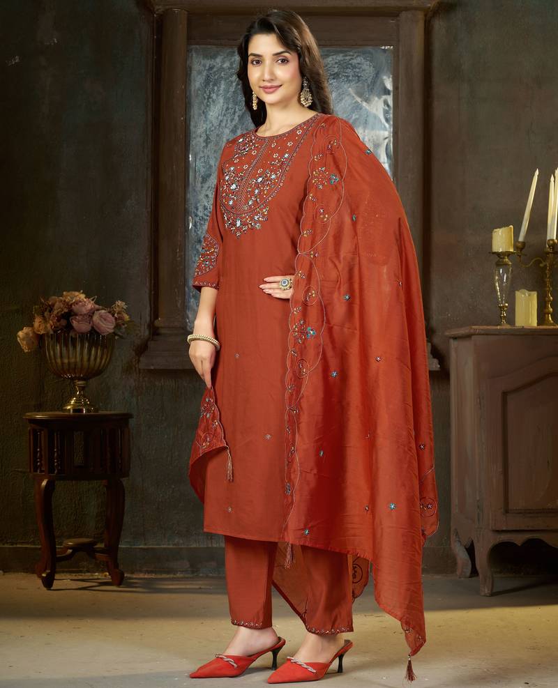 Rust color marina silk fabric thread embroidered ethnic fancy kurta set