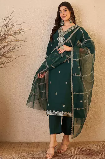 Green color smart and fancy silk blend embroidered readymade salwar kameez