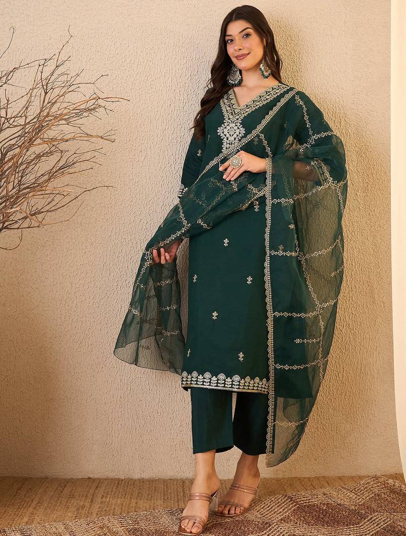 Green color smart and fancy silk blend embroidered readymade salwar kameez
