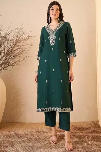 Green color smart and fancy silk blend embroidered readymade salwar kameez