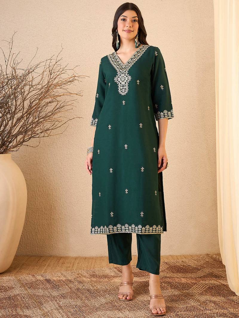 Green color smart and fancy silk blend embroidered readymade salwar kameez