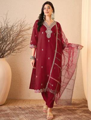 Maroon color smart and fancy silk blend embroidered readymade salwar kameez 1