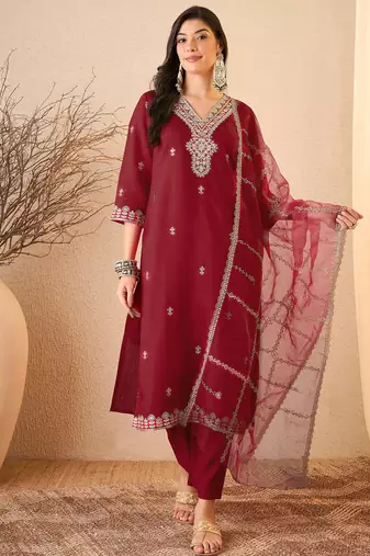 Maroon color smart and fancy silk blend embroidered readymade salwar kameez