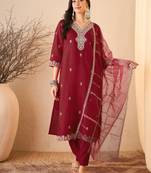 Maroon color smart and fancy silk blend embroidered readymade salwar kameez