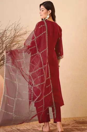 Maroon color smart and fancy silk blend embroidered readymade salwar kameez