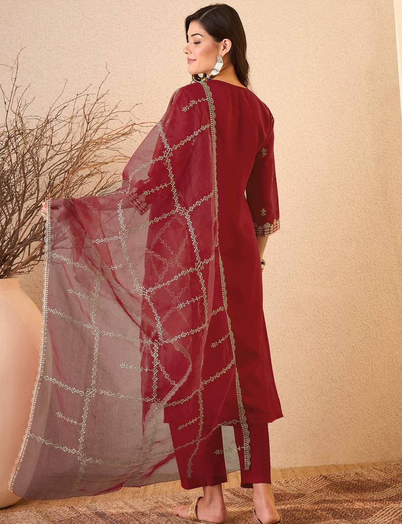 Maroon color smart and fancy silk blend embroidered readymade salwar kameez