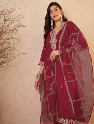 Maroon color smart and fancy silk blend embroidered readymade salwar kameez 3