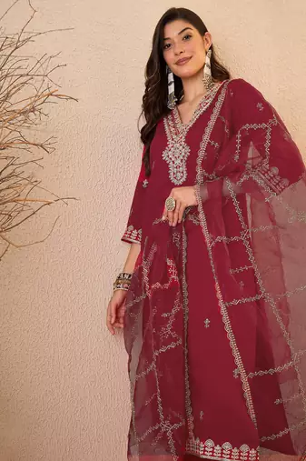 Maroon color smart and fancy silk blend embroidered readymade salwar kameez