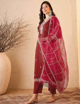 Maroon color smart and fancy silk blend embroidered readymade salwar kameez 4