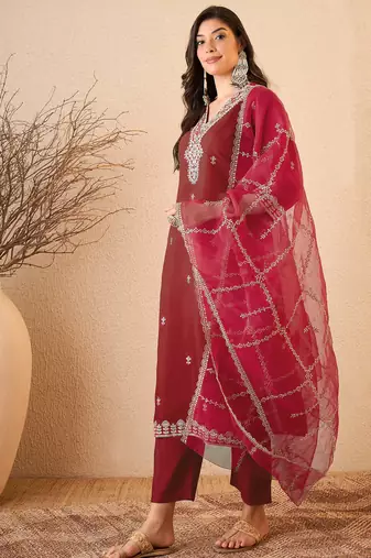 Maroon color smart and fancy silk blend embroidered readymade salwar kameez