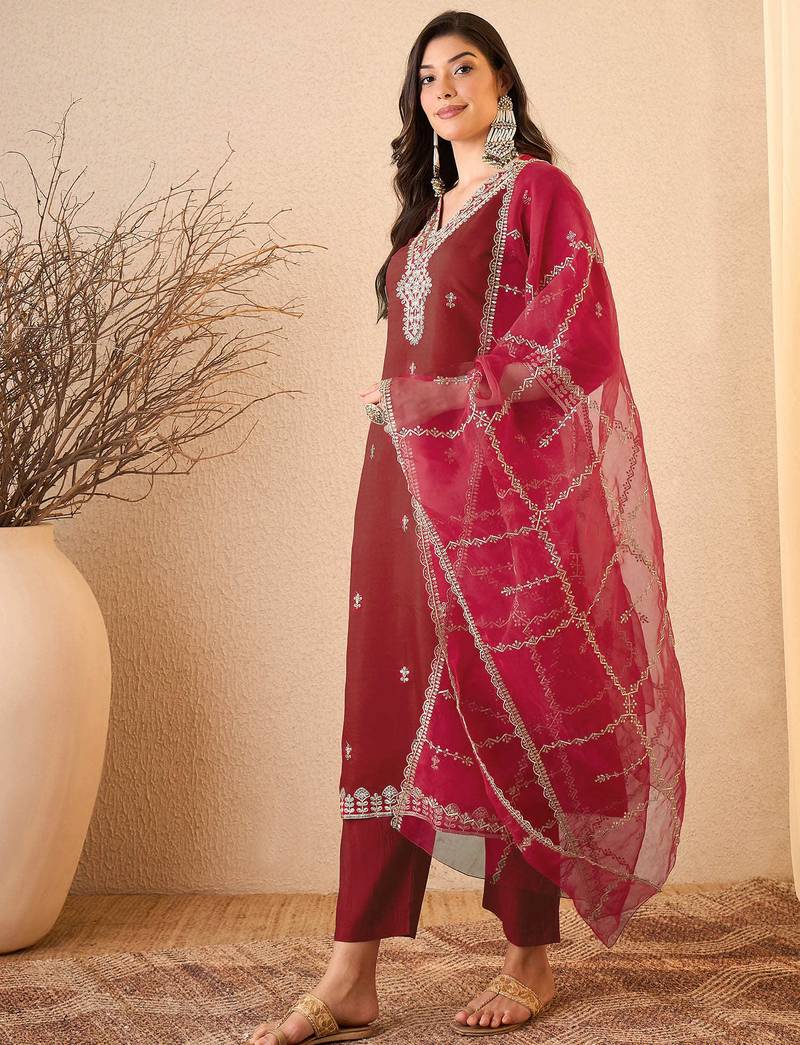 Maroon color smart and fancy silk blend embroidered readymade salwar kameez