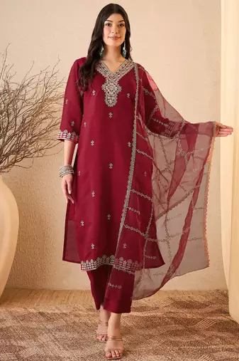 Maroon color smart and fancy silk blend embroidered readymade salwar kameez