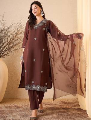 Coffee color smart and fancy silk blend embroidered readymade salwar kameez 1