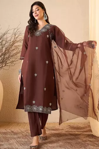 Coffee color smart and fancy silk blend embroidered readymade salwar kameez