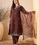 Coffee color smart and fancy silk blend embroidered readymade salwar kameez