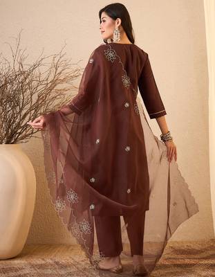 Coffee color smart and fancy silk blend embroidered readymade salwar kameez 2