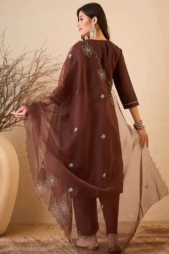 Coffee color smart and fancy silk blend embroidered readymade salwar kameez