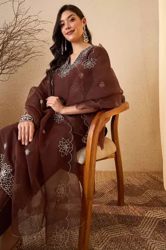 Coffee color smart and fancy silk blend embroidered readymade salwar kameez
