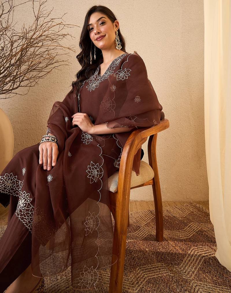 Coffee color smart and fancy silk blend embroidered readymade salwar kameez