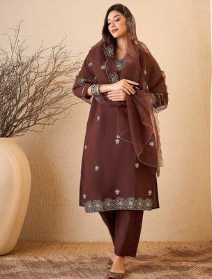 Coffee color smart and fancy silk blend embroidered readymade salwar kameez 4