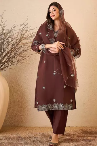 Coffee color smart and fancy silk blend embroidered readymade salwar kameez