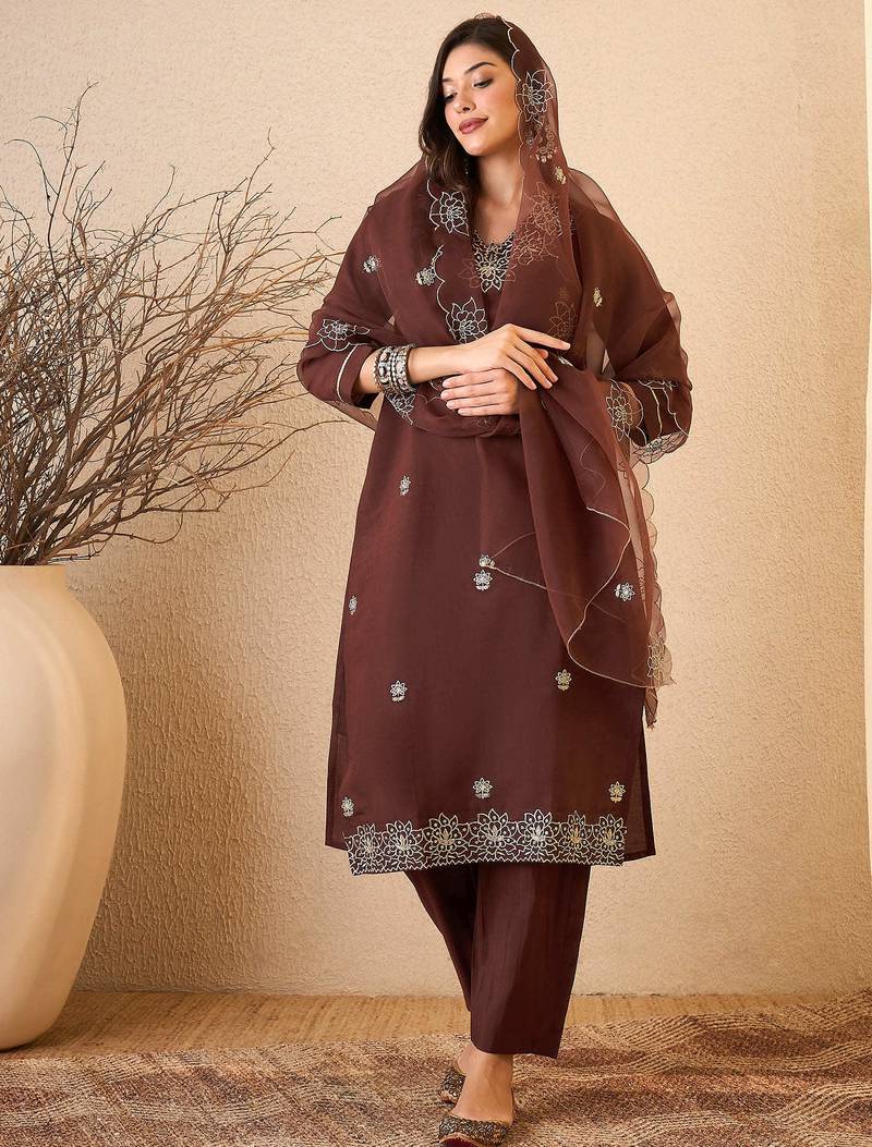 Coffee color smart and fancy silk blend embroidered readymade salwar kameez