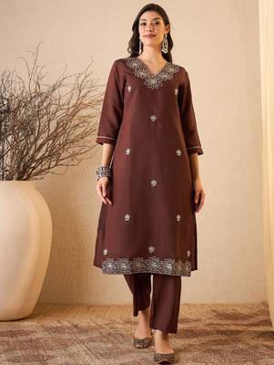 Coffee color smart and fancy silk blend embroidered readymade salwar kameez 5