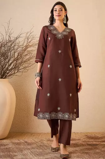Coffee color smart and fancy silk blend embroidered readymade salwar kameez