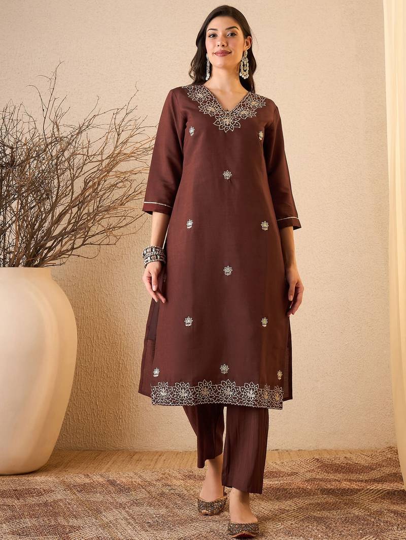 Coffee color smart and fancy silk blend embroidered readymade salwar kameez