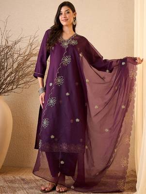 Dark purple color smart and fancy silk blend embroidered readymade salwar kameez 1