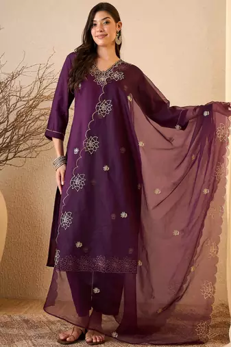 Dark purple color smart and fancy silk blend embroidered readymade salwar kameez