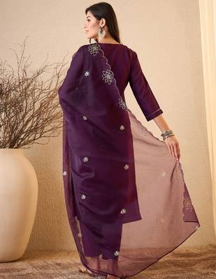Dark purple color smart and fancy silk blend embroidered readymade salwar kameez 2