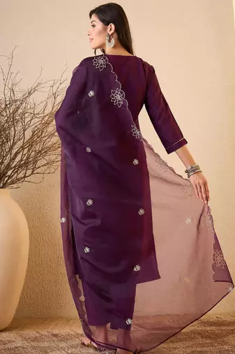 Dark purple color smart and fancy silk blend embroidered readymade salwar kameez