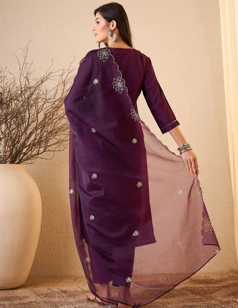 Dark purple color smart and fancy silk blend embroidered readymade salwar kameez