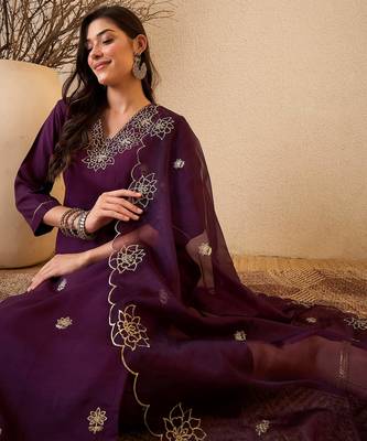 Dark purple color smart and fancy silk blend embroidered readymade salwar kameez 3