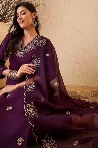 Dark purple color smart and fancy silk blend embroidered readymade salwar kameez