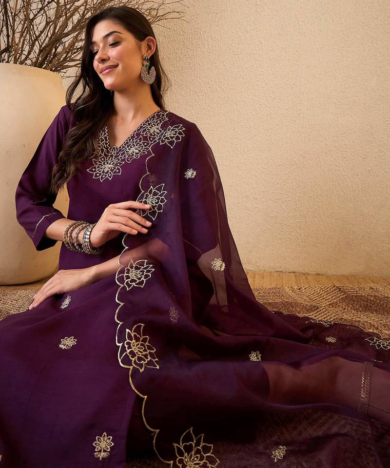 Dark purple color smart and fancy silk blend embroidered readymade salwar kameez