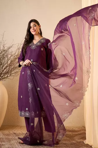 Dark purple color smart and fancy silk blend embroidered readymade salwar kameez