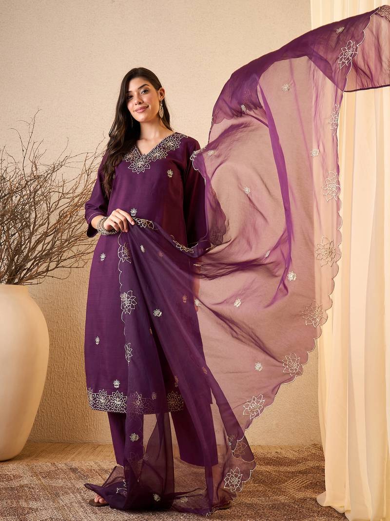 Dark purple color smart and fancy silk blend embroidered readymade salwar kameez