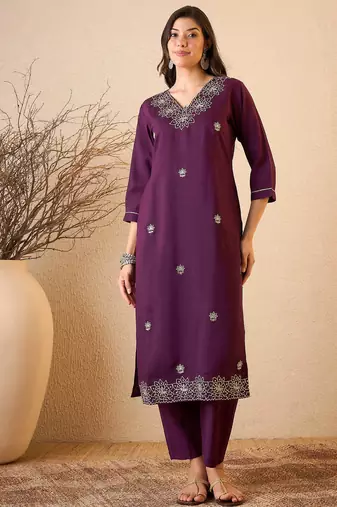 Dark purple color smart and fancy silk blend embroidered readymade salwar kameez
