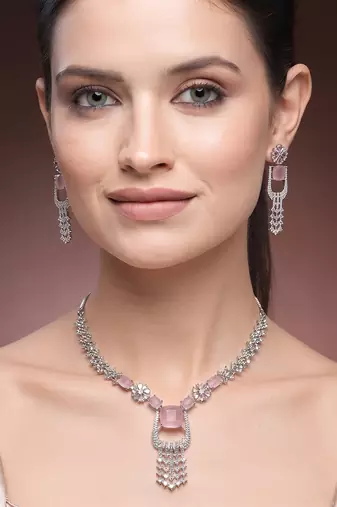 pink necklace set with matching earrings for women