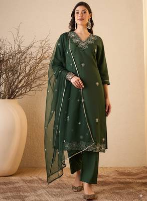 Green color smart and fancy silk blend embroidered readymade salwar kameez 1