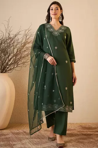 Green color smart and fancy silk blend embroidered readymade salwar kameez